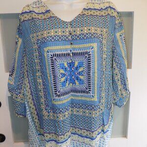 Tribal Blouse Multi Color Print 3/4 Sleeve Blouse Size L Women's NWOT